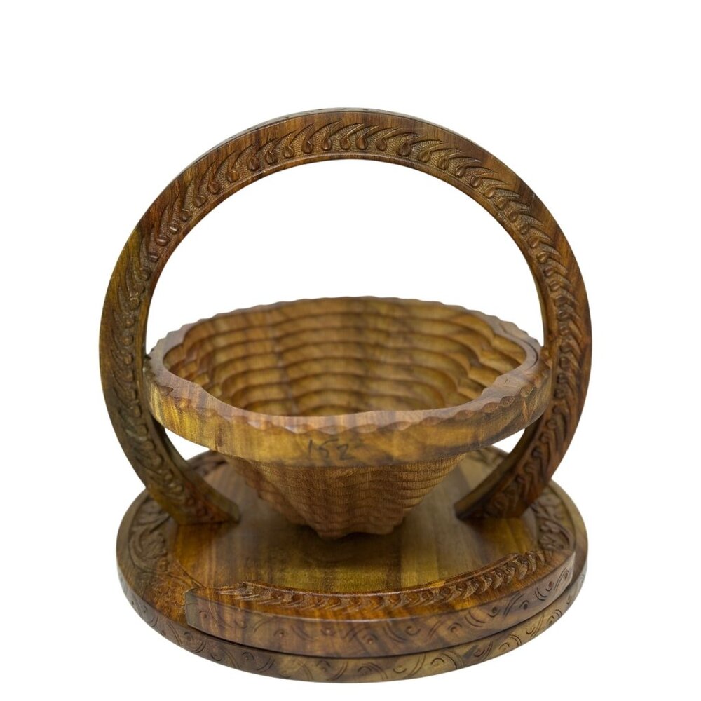 VTG Wood Handcraft Collapsible Candy Fruit Basket Brown‎ MCM Hand-Carved Rustic